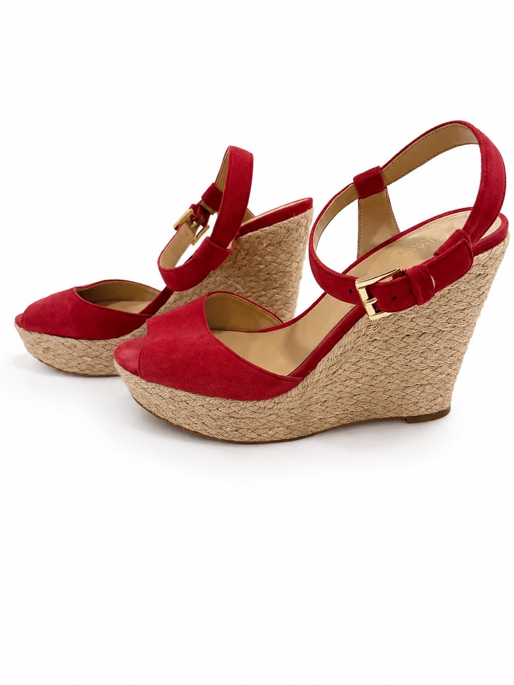 Michael Kors Dark Pink Suede Espadrille Wedge Sandals with Ankle Strap